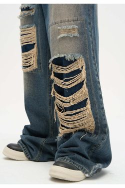 WLNEXT Y2K Grunge Distressed Patched Jeans - Retro 90s Fashion, Summer Y2K Outfits