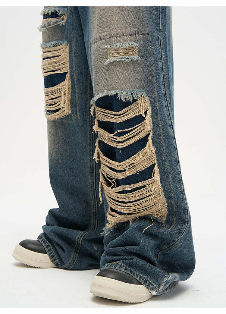 WLNEXT Y2K Grunge Distressed Patched Jeans - Retro 90s Fashion, Summer Y2K Outfits