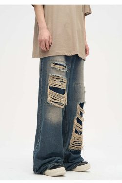 WLNEXT Y2K Grunge Distressed Patched Jeans - Retro 90s Fashion, Summer Y2K Outfits