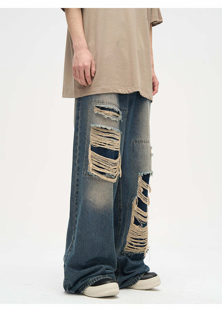 WLNEXT Y2K Grunge Distressed Patched Jeans - Retro 90s Fashion, Summer Y2K Outfits