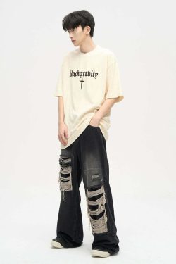 WLNEXT Y2K Grunge Distressed Patched Jeans - Retro 90s Fashion, Summer Y2K Outfits