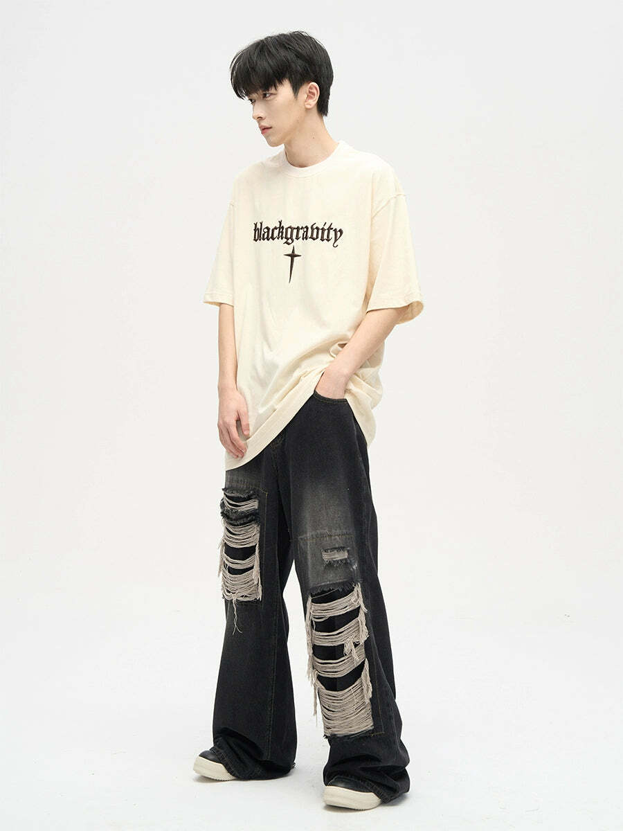 WLNEXT Y2K Grunge Distressed Patched Jeans - Retro 90s Fashion, Summer Y2K Outfits