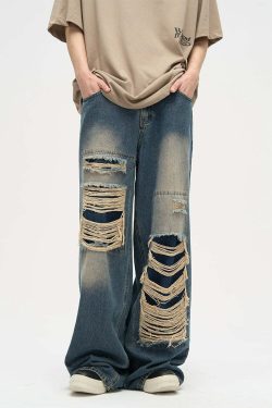 WLNEXT Y2K Grunge Distressed Patched Jeans - Retro 90s Fashion, Summer Y2K Outfits