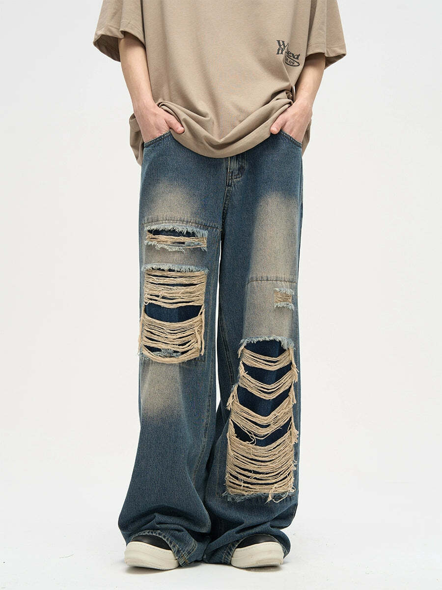 WLNEXT Y2K Grunge Distressed Patched Jeans - Retro 90s Fashion, Summer Y2K Outfits