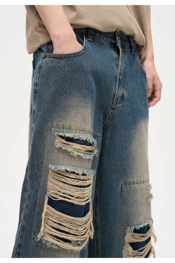 WLNEXT Y2K Grunge Distressed Patched Jeans - Retro 90s Fashion, Summer Y2K Outfits