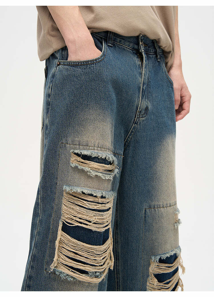 WLNEXT Y2K Grunge Distressed Patched Jeans - Retro 90s Fashion, Summer Y2K Outfits