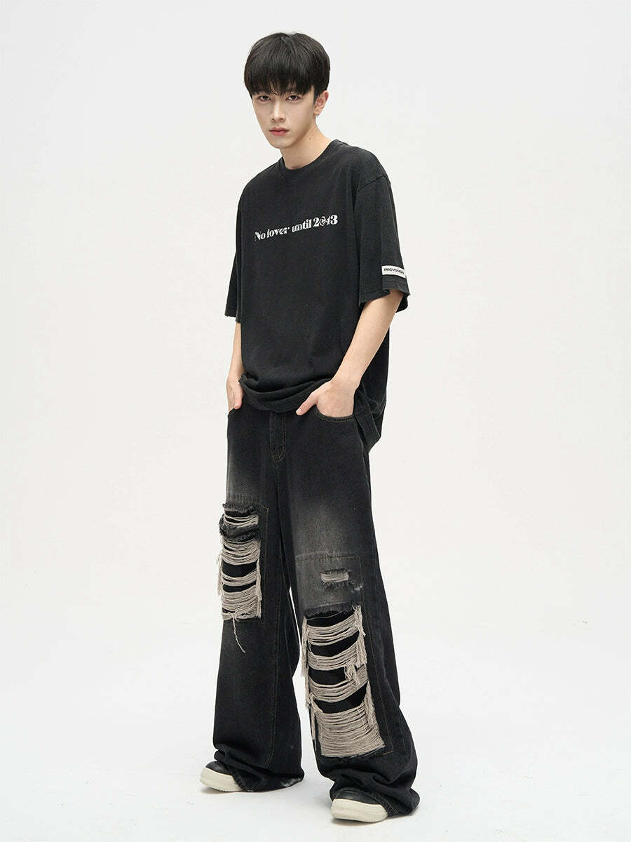 WLNEXT Y2K Grunge Distressed Patched Jeans - Retro 90s Fashion, Summer Y2K Outfits