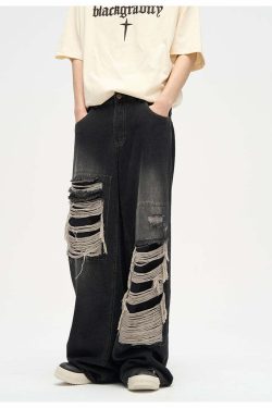 WLNEXT Y2K Grunge Distressed Patched Jeans - Retro 90s Fashion, Summer Y2K Outfits