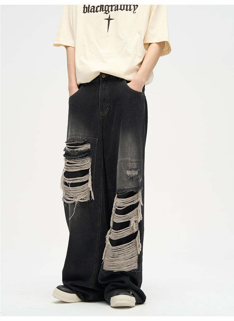 WLNEXT Y2K Grunge Distressed Patched Jeans - Retro 90s Fashion, Summer Y2K Outfits
