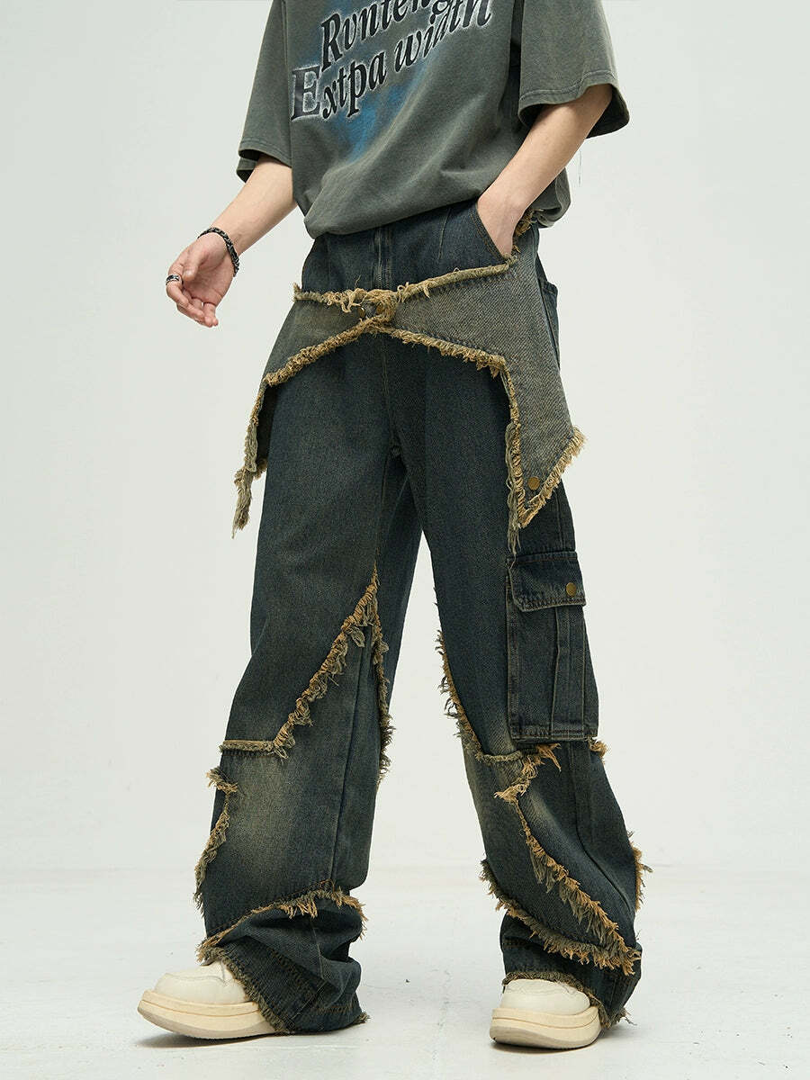 WlNEXT Y2K Grunge Star Stitched Jeans - Retro 90s Fashion, Summer Outfits, and Gothic Style