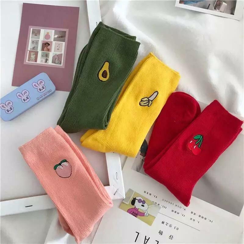 Y2K & 90s Fashion Cotton Fruit Socks (4 Pairs) - Retro, Grunge, Pastel Goth, Hip Hop Style
