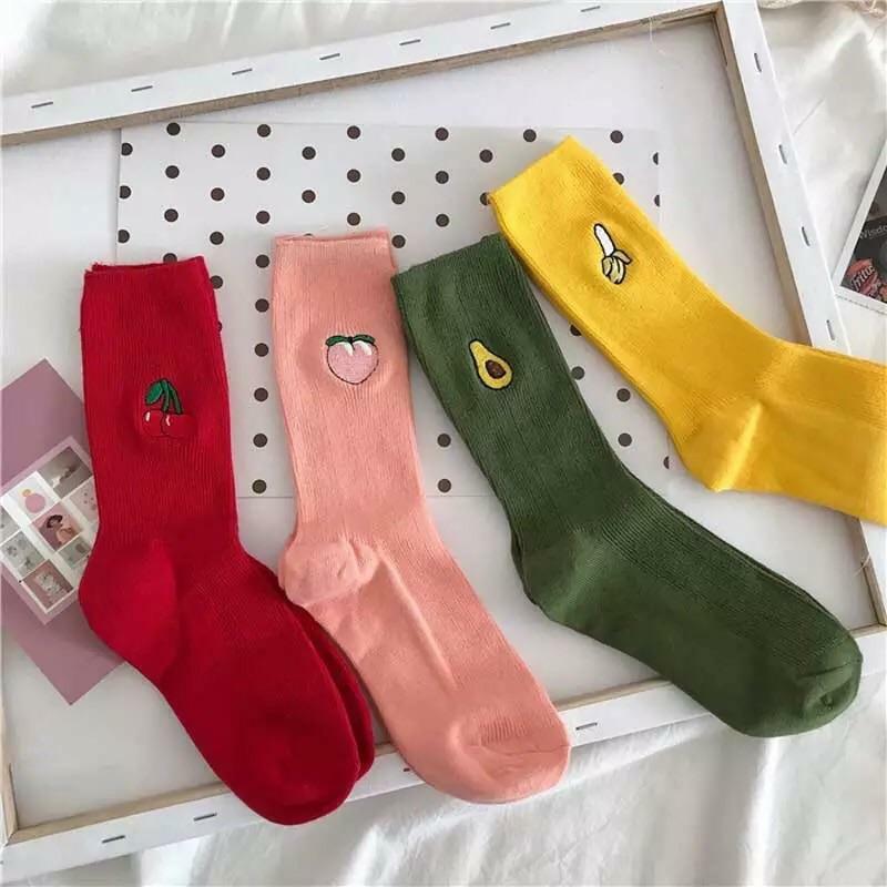 Y2K & 90s Fashion Cotton Fruit Socks (4 Pairs) - Retro, Grunge, Pastel Goth, Hip Hop Style
