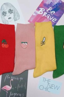 Y2K & 90s Fashion Cotton Fruit Socks (4 Pairs) - Retro, Grunge, Pastel Goth, Hip Hop Style