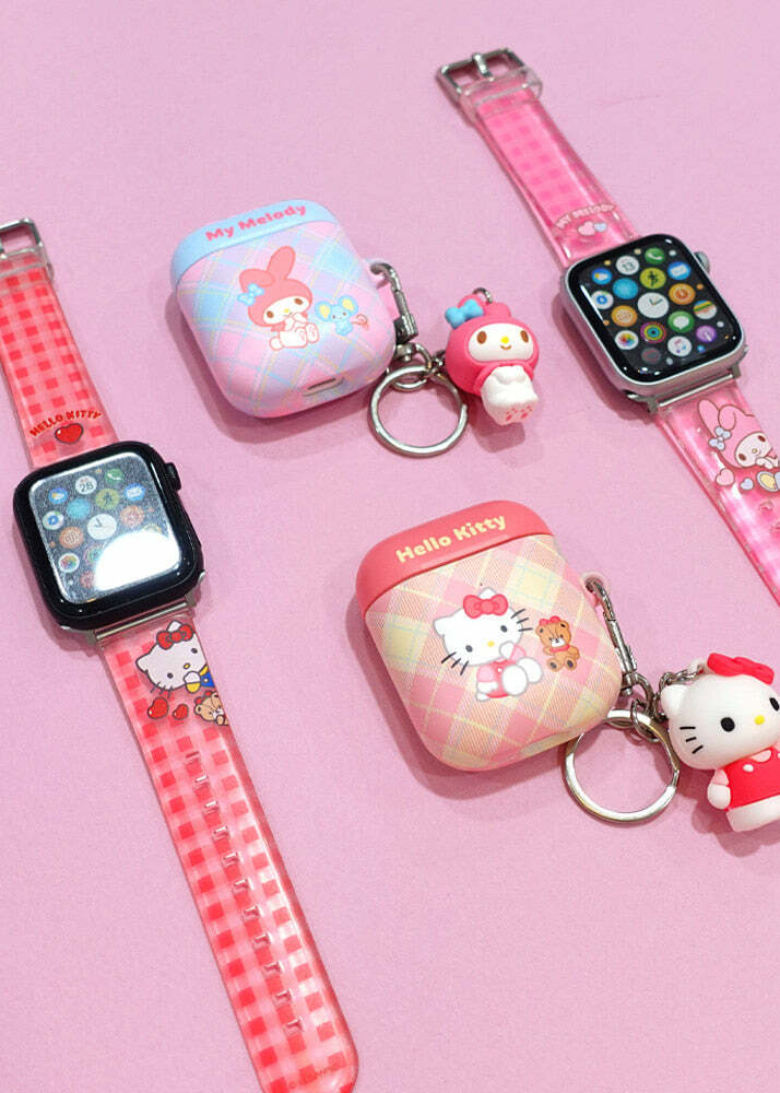 Y2K & 90s Hello Kitty Argyle AirPods Case Cover & Keychain - SANRIO Korea Retro Fashion