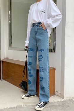 Y2K 90s Grunge 3D Letter Print Jeans - Retro Summer Outfits, Hip Hop Fashion, Y2K Style