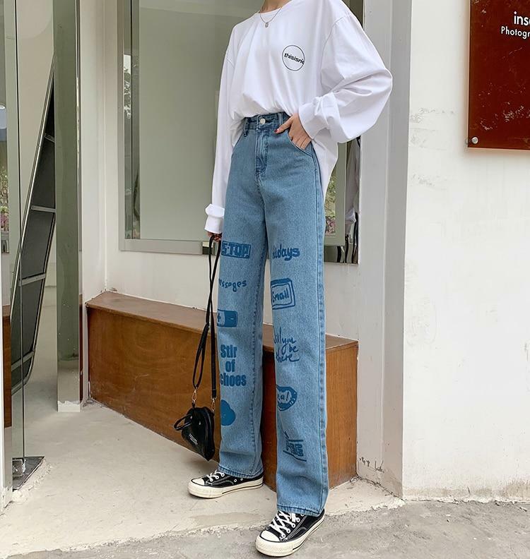 Y2K 90s Grunge 3D Letter Print Jeans - Retro Summer Outfits, Hip Hop Fashion, Y2K Style