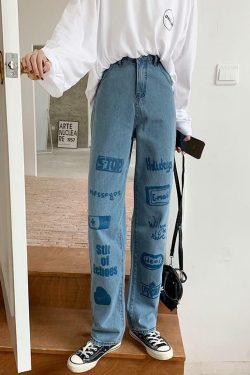 Y2K 90s Grunge 3D Letter Print Jeans - Retro Summer Outfits, Hip Hop Fashion, Y2K Style