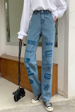 Y2K 90s Grunge 3D Letter Print Jeans - Retro Summer Outfits, Hip Hop Fashion, Y2K Style