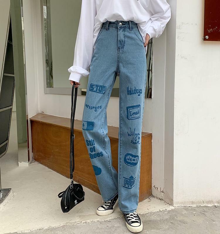 Y2K 90s Grunge 3D Letter Print Jeans - Retro Summer Outfits, Hip Hop Fashion, Y2K Style