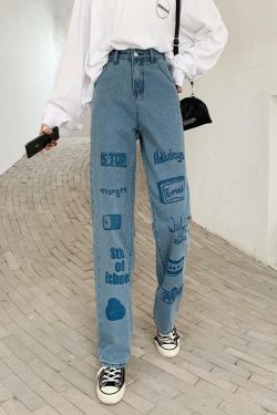 Y2K 90s Grunge 3D Letter Print Jeans - Retro Summer Outfits, Hip Hop Fashion, Y2K Style