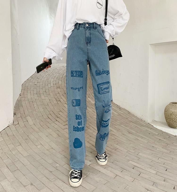 Y2K 90s Grunge 3D Letter Print Jeans - Retro Summer Outfits, Hip Hop Fashion, Y2K Style