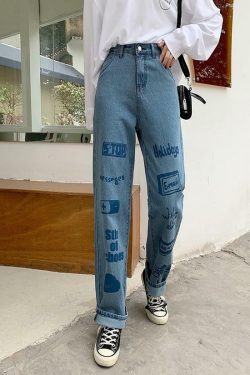 Y2K 90s Grunge 3D Letter Print Jeans - Retro Summer Outfits, Hip Hop Fashion, Y2K Style
