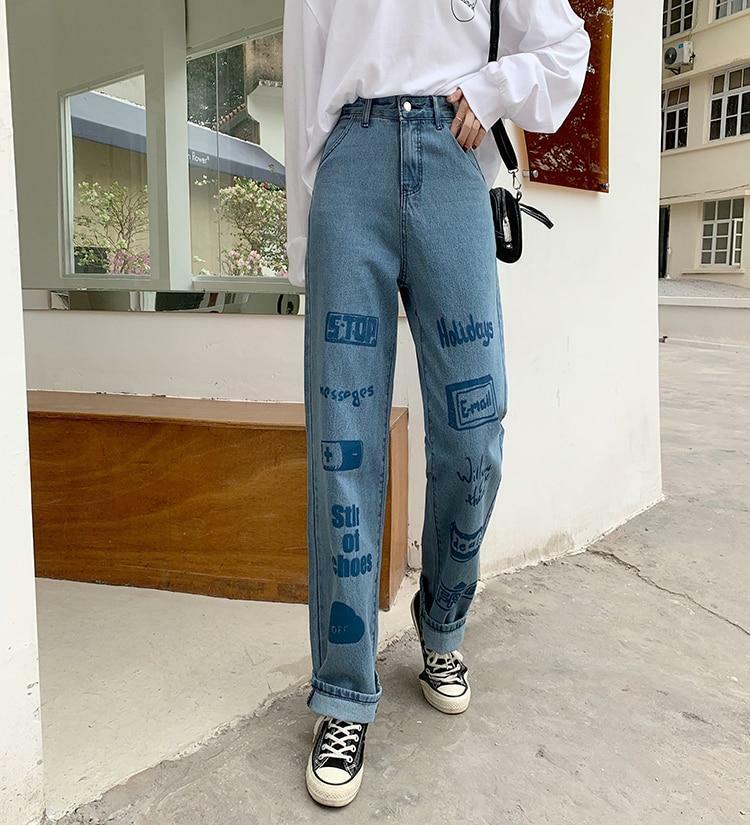 Y2K 90s Grunge 3D Letter Print Jeans - Retro Summer Outfits, Hip Hop Fashion, Y2K Style