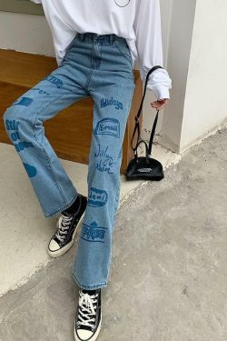 Y2K 90s Grunge 3D Letter Print Jeans - Retro Summer Outfits, Hip Hop Fashion, Y2K Style