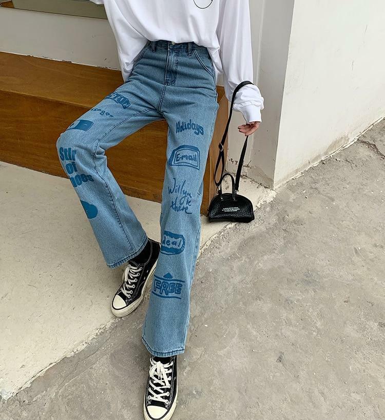 Y2K 90s Grunge 3D Letter Print Jeans - Retro Summer Outfits, Hip Hop Fashion, Y2K Style