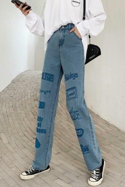 Y2K 90s Grunge 3D Letter Print Jeans - Retro Summer Outfits, Hip Hop Fashion, Y2K Style