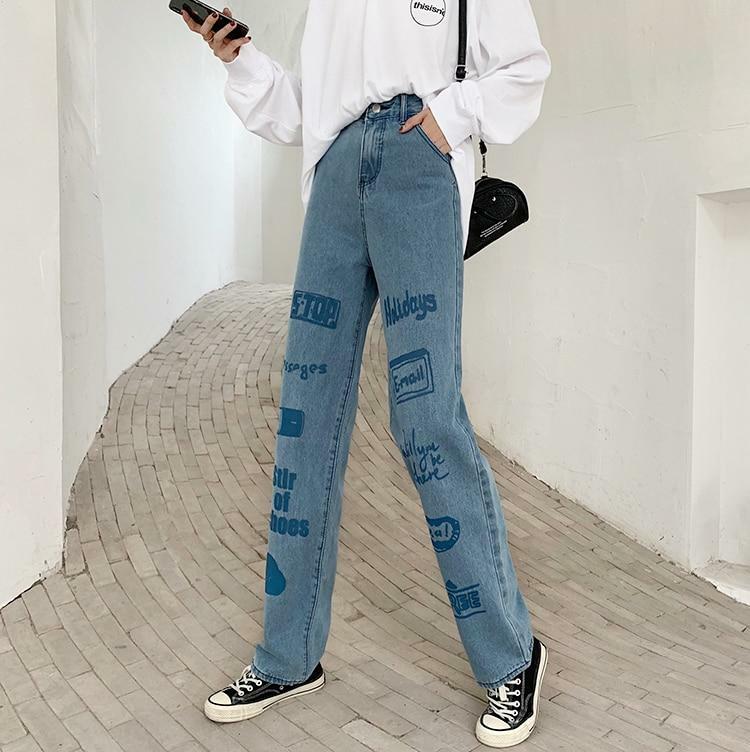 Y2K 90s Grunge 3D Letter Print Jeans - Retro Summer Outfits, Hip Hop Fashion, Y2K Style