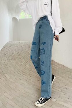 Y2K 90s Grunge 3D Letter Print Jeans - Retro Summer Outfits, Hip Hop Fashion, Y2K Style