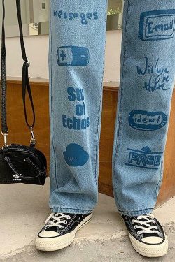 Y2K 90s Grunge 3D Letter Print Jeans - Retro Summer Outfits, Hip Hop Fashion, Y2K Style