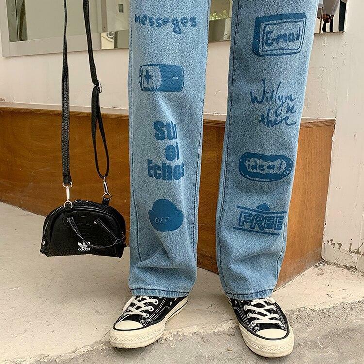 Y2K 90s Grunge 3D Letter Print Jeans - Retro Summer Outfits, Hip Hop Fashion, Y2K Style