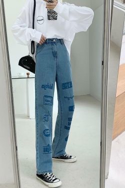 Y2K 90s Grunge 3D Letter Print Jeans - Retro Summer Outfits, Hip Hop Fashion, Y2K Style