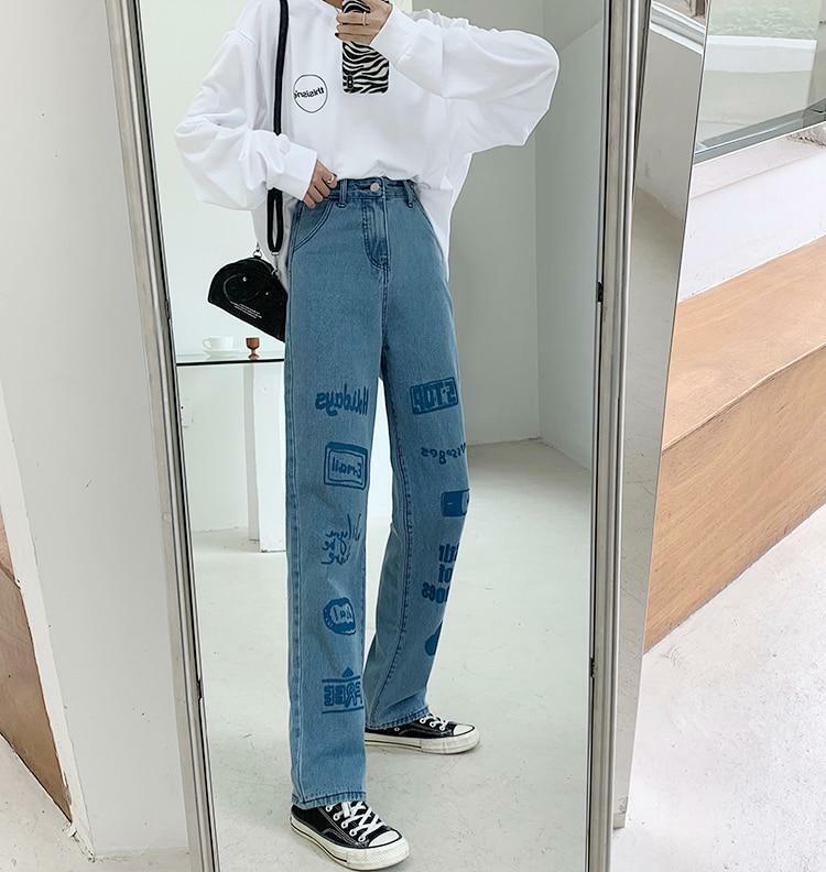 Y2K 90s Grunge 3D Letter Print Jeans - Retro Summer Outfits, Hip Hop Fashion, Y2K Style