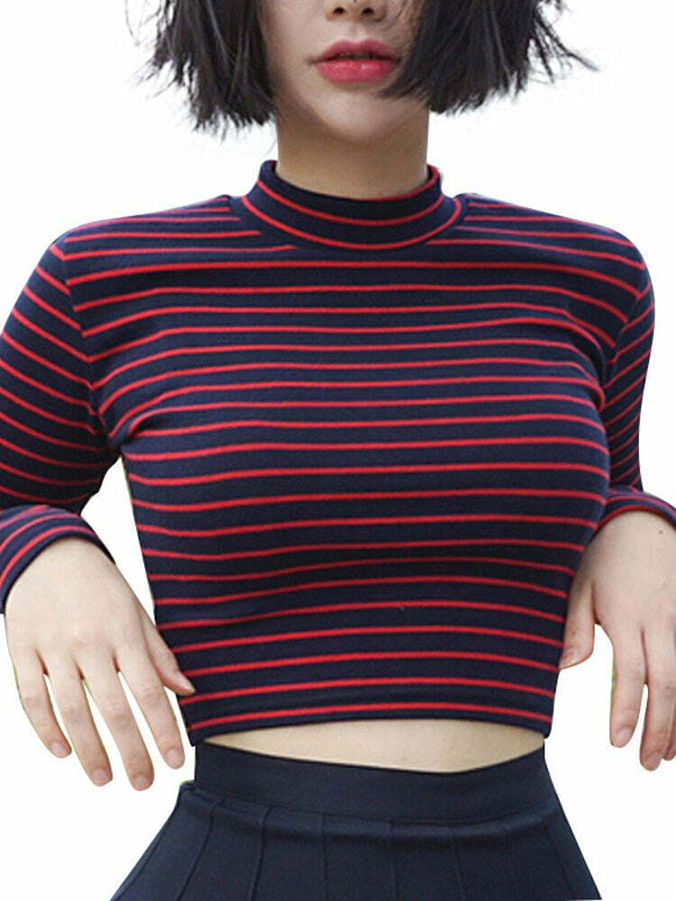 Y2K 90s Striped Long Sleeves Crop Top - Grunge, Retro, Summer, Party, and Club Outfits