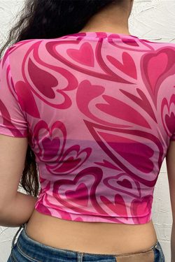 Y2K Aesthetic Swirly Hearts Mesh Top - Retro 90s Grunge, Summer Y2K Outfits, Pastel Goth Style