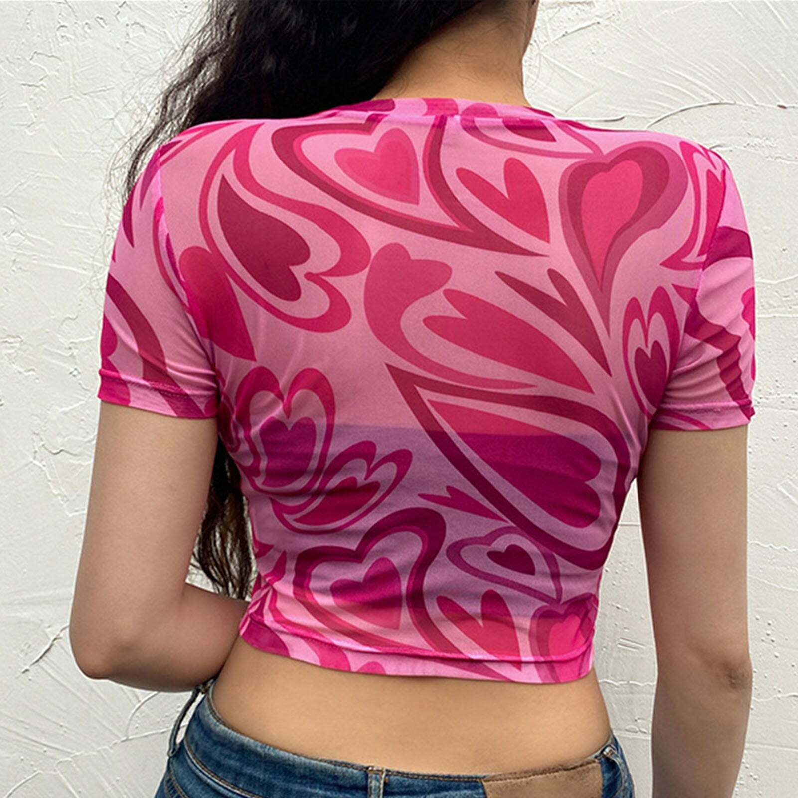 Y2K Aesthetic Swirly Hearts Mesh Top - Retro 90s Grunge, Summer Y2K Outfits, Pastel Goth Style