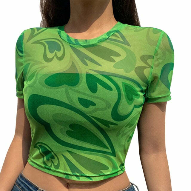 Y2K Aesthetic Swirly Hearts Mesh Top - Retro 90s Grunge, Summer Y2K Outfits, Pastel Goth Style