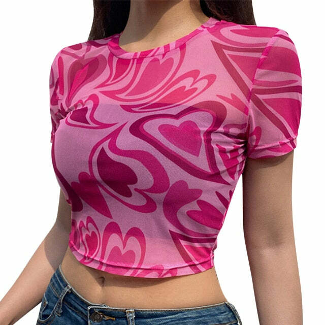 Y2K Aesthetic Swirly Hearts Mesh Top - Retro 90s Grunge, Summer Y2K Outfits, Pastel Goth Style