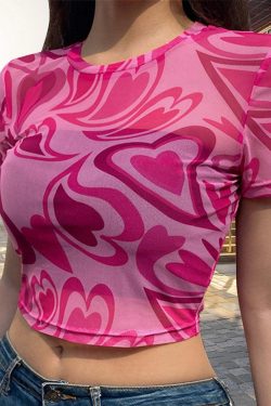 Y2K Aesthetic Swirly Hearts Mesh Top - Retro 90s Grunge, Summer Y2K Outfits, Pastel Goth Style