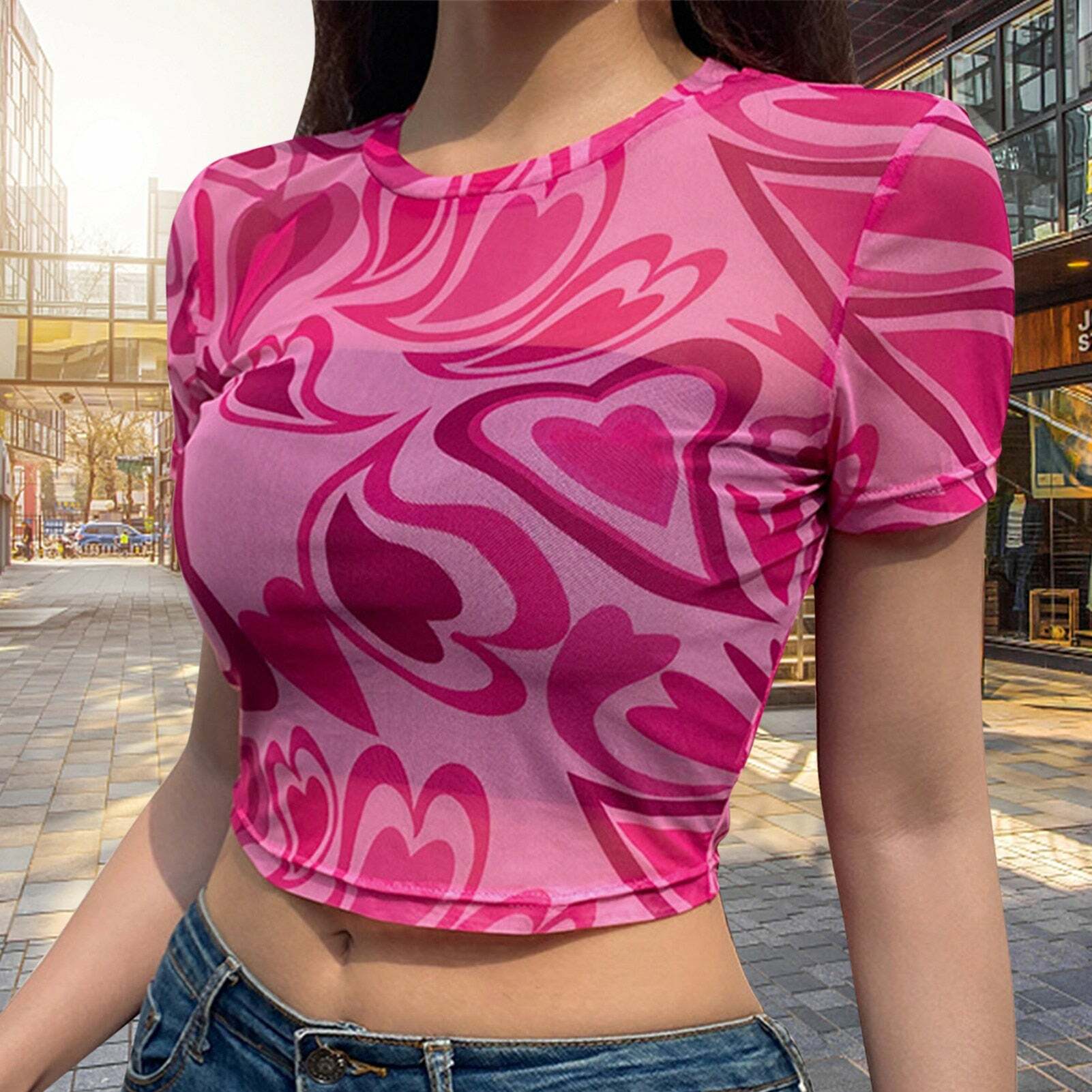 Y2K Aesthetic Swirly Hearts Mesh Top - Retro 90s Grunge, Summer Y2K Outfits, Pastel Goth Style
