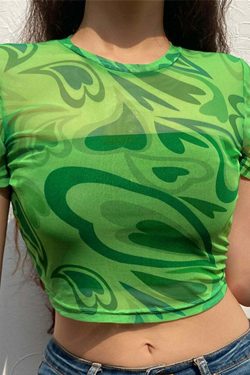 Y2K Aesthetic Swirly Hearts Mesh Top - Retro 90s Grunge, Summer Y2K Outfits, Pastel Goth Style