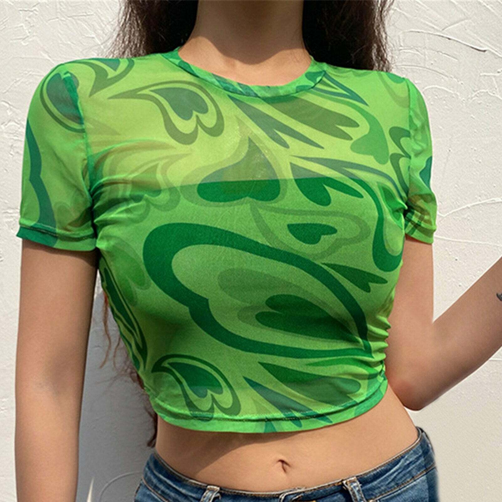Y2K Aesthetic Swirly Hearts Mesh Top - Retro 90s Grunge, Summer Y2K Outfits, Pastel Goth Style