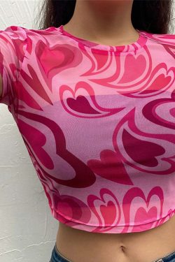 Y2K Aesthetic Swirly Hearts Mesh Top - Retro 90s Grunge, Summer Y2K Outfits, Pastel Goth Style