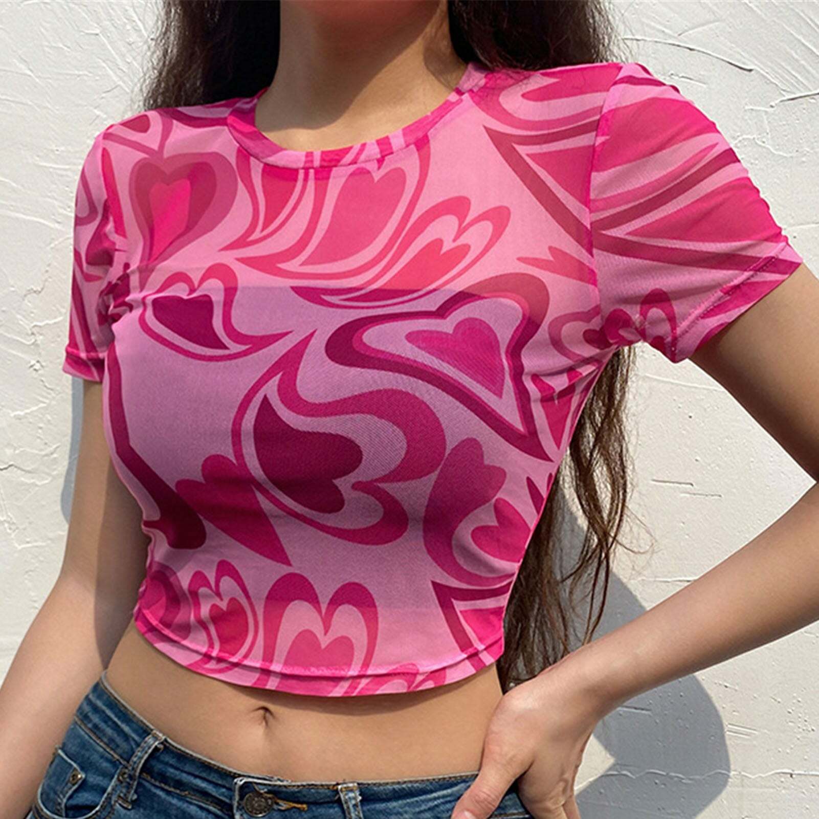Y2K Aesthetic Swirly Hearts Mesh Top - Retro 90s Grunge, Summer Y2K Outfits, Pastel Goth Style