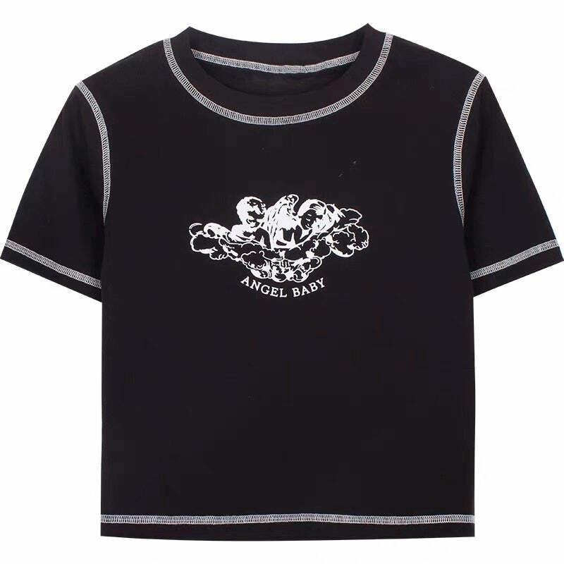 Y2K Angel Baby Print Crop Top - Retro 90s Grunge, Summer Party, Pastel Goth, Hip Hop Fashion