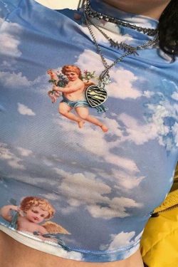Y2K Angelic Sleeved Crop Top - Retro 90s Grunge, Summer Party, Pastel Goth, Popstar Outfit