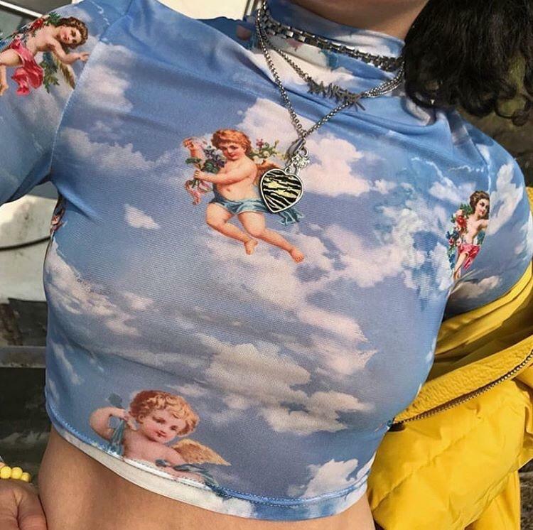 Y2K Angelic Sleeved Crop Top - Retro 90s Grunge, Summer Party, Pastel Goth, Popstar Outfit